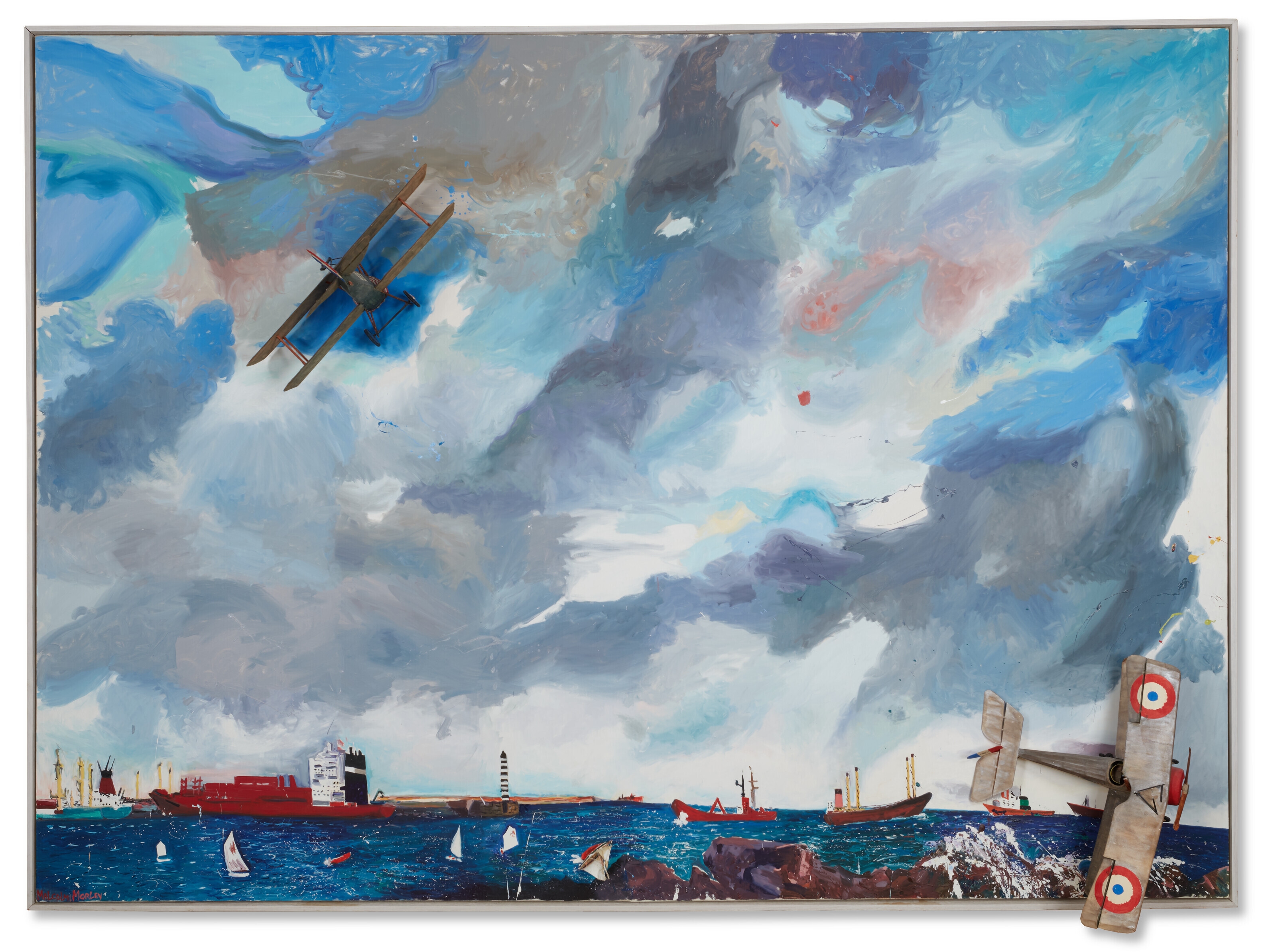 Artwork by Malcolm Morley, Icarus, Made of oil on canvas with painted paper airplanes and boat, with electric motor