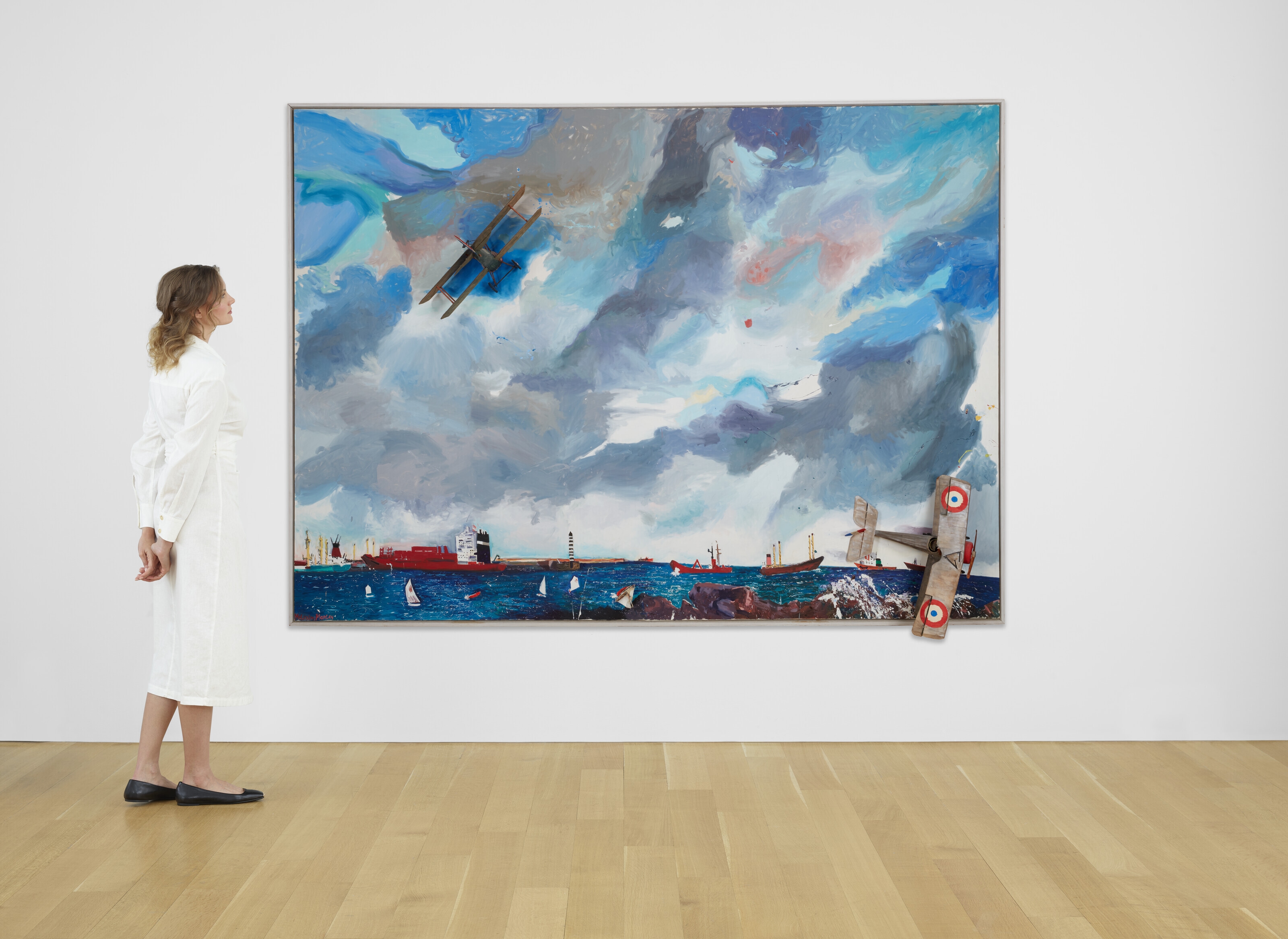 Artwork by Malcolm Morley, Icarus, Made of oil on canvas with painted paper airplanes and boat, with electric motor