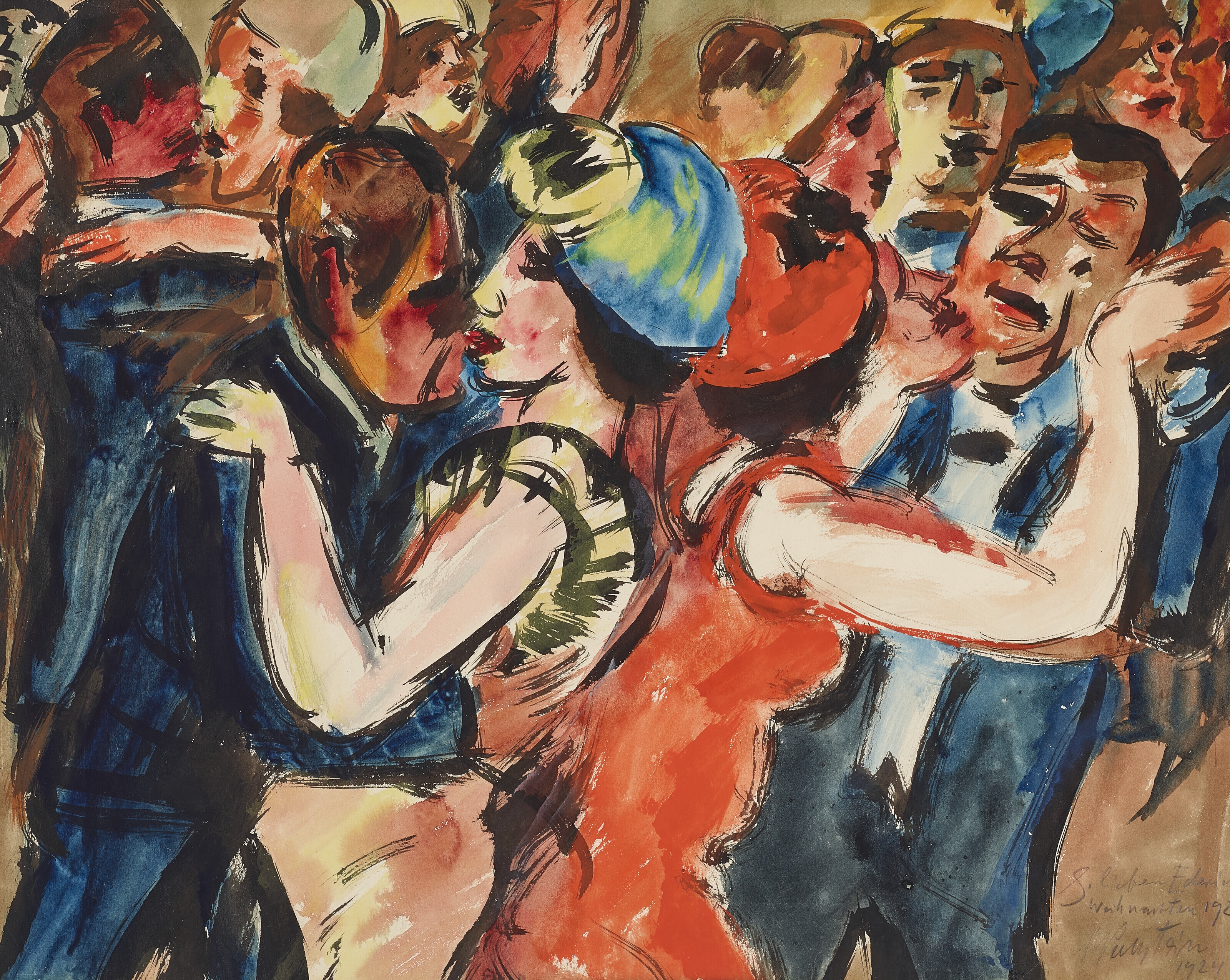 Artwork by Max Pechstein, Beim Tanz 1 (Tanzparty 1), Made of gouache, watercolor and brush and black ink on paper