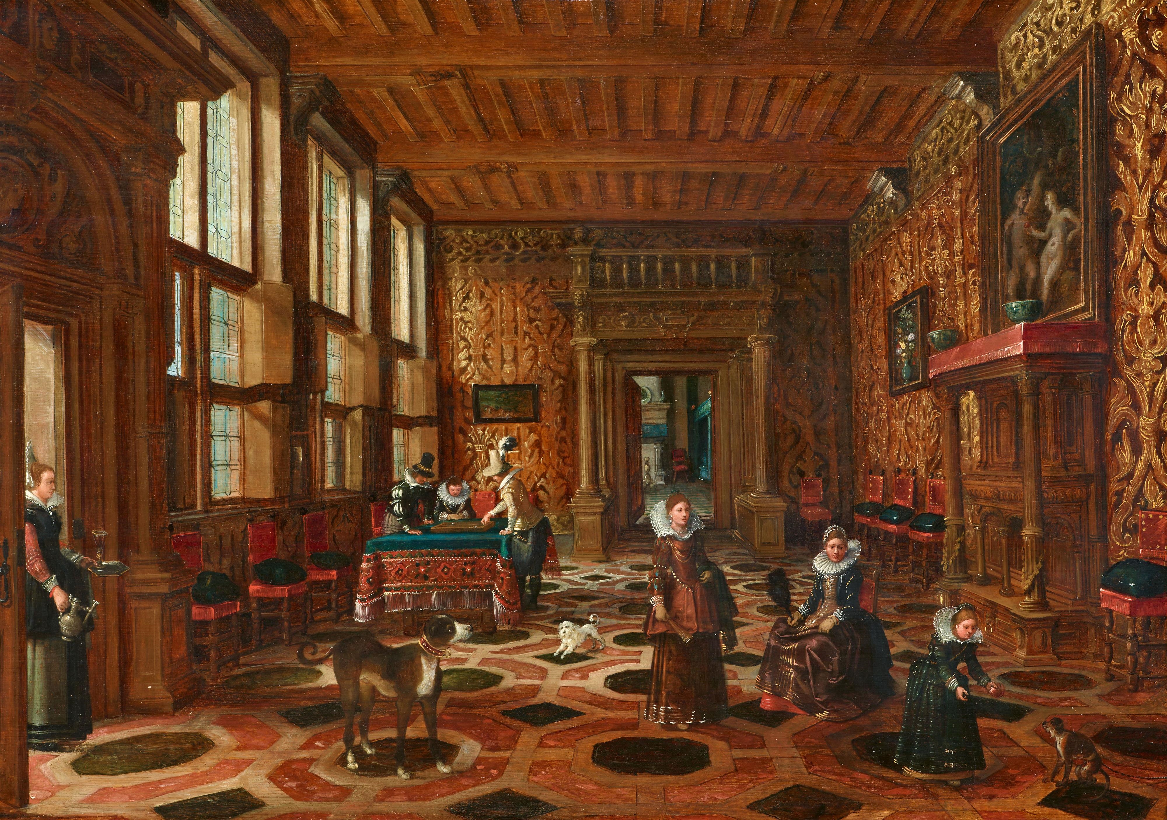 Artwork by Paul Vredeman de Vries, Elegant Company in a Palace, Made of Oil on panel