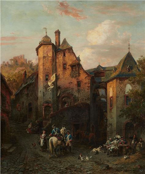 August von Wille View of Beilstein with Soldiers by a Tavern Oil on canvas. 100 x 85 cm. Signed and dated lower left: A. von Wille 1883. by August von Wille, 1883
