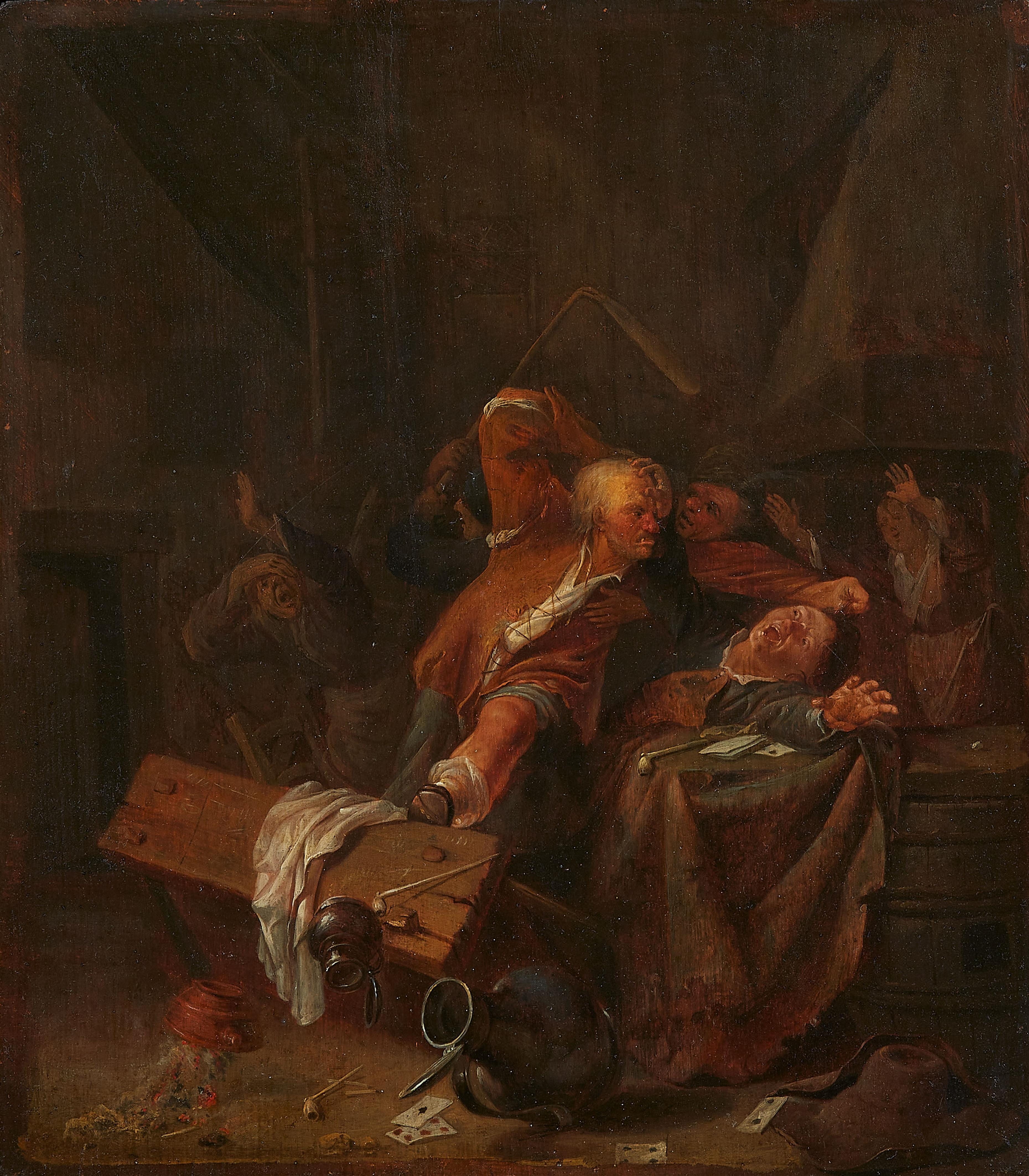 Adriaen Brouwer, attributed to Fight in a Tavern Oil on panel (parquetted). 30.5 x 27 cm. by Adriaen Brouwer