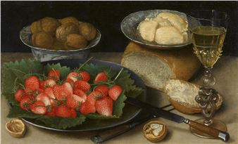 Meal with Strawberries, Walnuts, Bread, Butter and Wine - Georg Flegel
