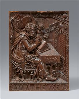 A carved wood relief of St Matthew, Bavaria - Hans Degler