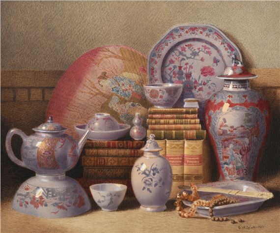A still life with books, Oriental porcelain including famille rose ware, a fan and a string of beads - Benjamin Walter Spiers