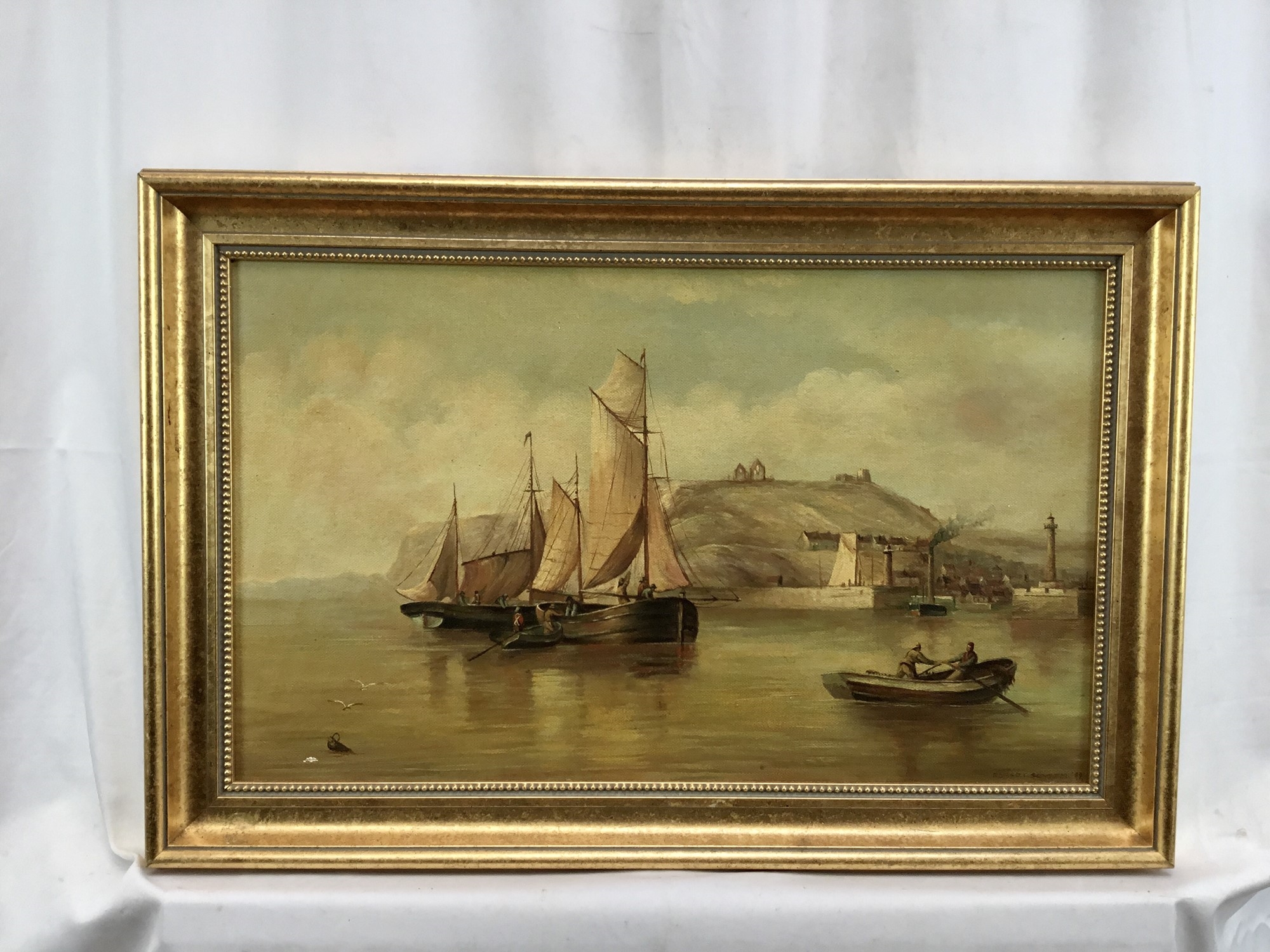 Artwork by Robert Severn, a fishing vessel at the entrance to Whitby harbour, Made of oil on board