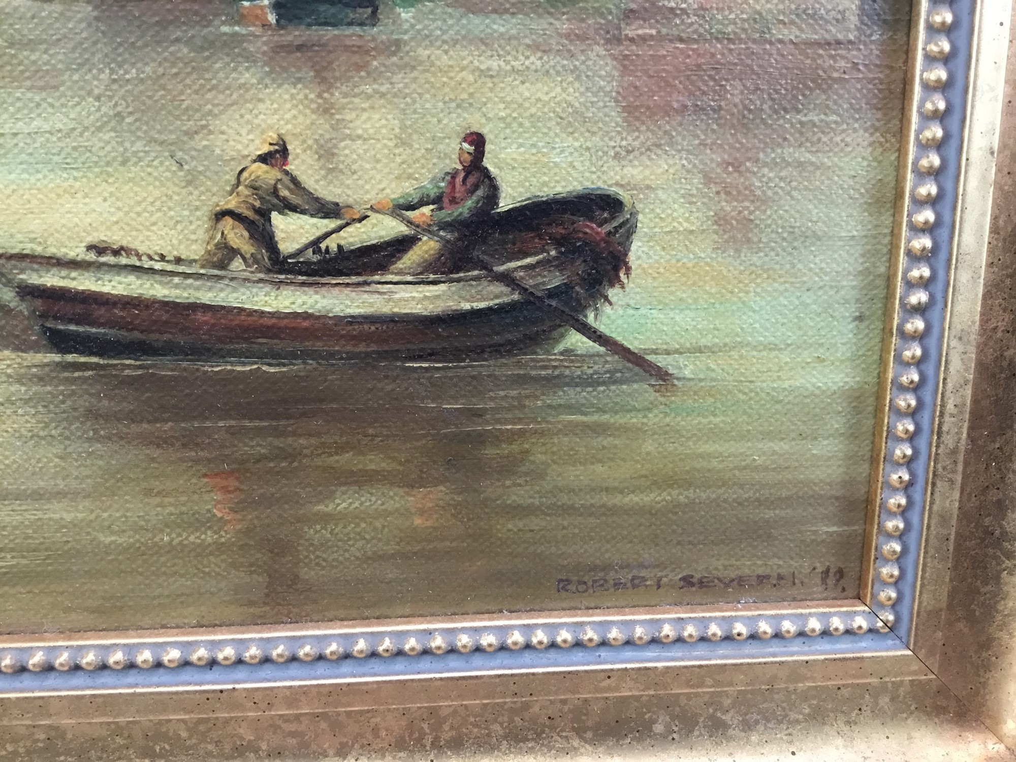 Artwork by Robert Severn, a fishing vessel at the entrance to Whitby harbour, Made of oil on board