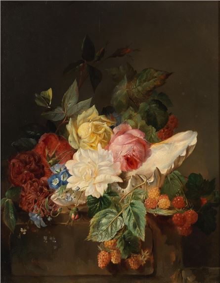 Still life with roses and raspberries on a ledge by François Joseph Huygens, 1847