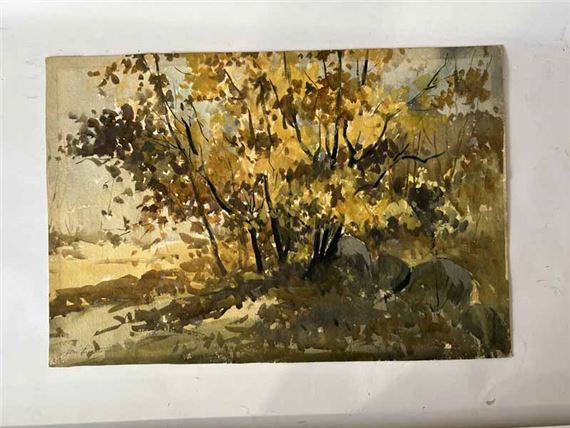 double sided watercolor of autumn landscape and winter street scene