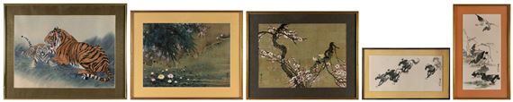 Five works: 1) Two recumbent tigers. 2) Garden landscape. 3) Birds on pink flowering tree branch. 4) Ducks in a pond. 5) Galloping horses. - Hui Chi Mau