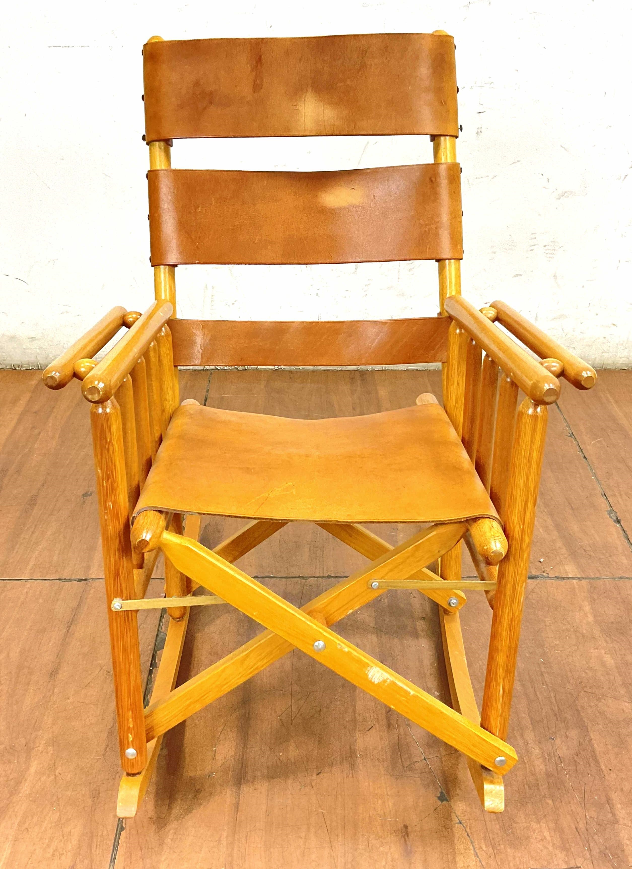 Costa Rican | Costa Rican Campaign Style Teak Leather Rocker | MutualArt