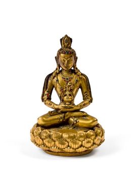 MONGOLIA - 18th century
Gilded bronze statuette of Amitayus seated on a lotiform plinth, holding the kalasha (gushing vase) in both hands together in dhyana mudra, adorned and dressed in a long dhoti. His hairstyle consists of a high bun and long, shoulder-length hair.
(Vase detached, cabochons replaced).
Height: 14.7 cm - Mongolian School, 18th Century
