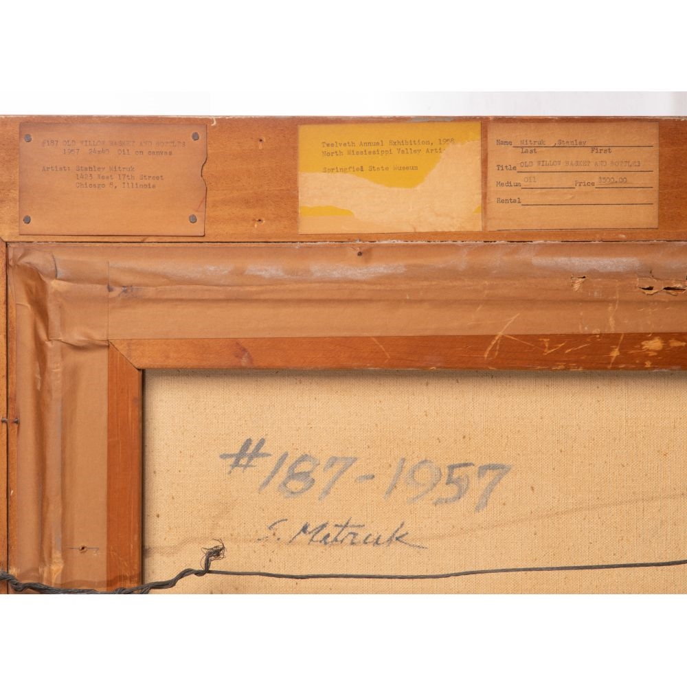 Artwork by Stanley Mitruk, Old Willow Basket and Bottles, Made of Oil on Canvas