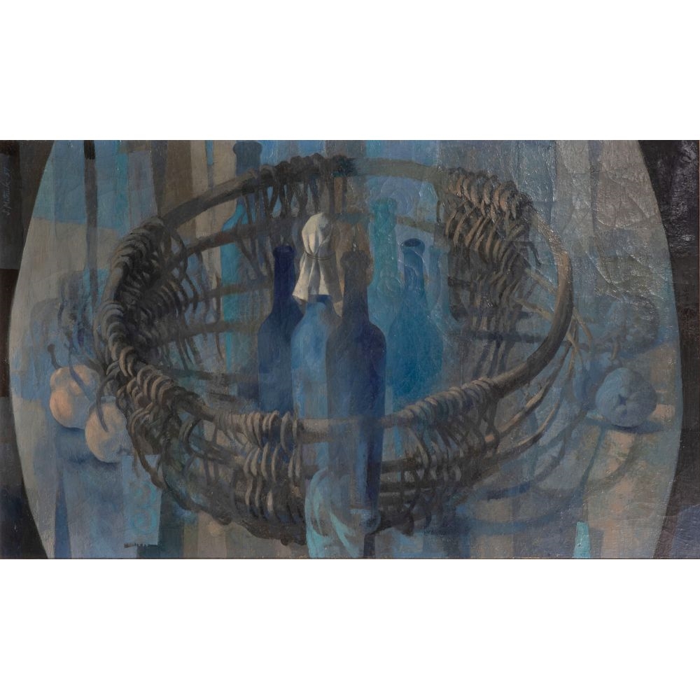 Artwork by Stanley Mitruk, Old Willow Basket and Bottles, Made of Oil on Canvas