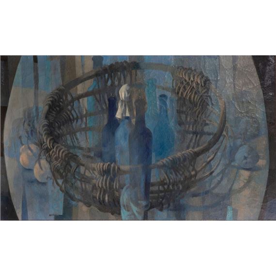 Old Willow Basket and Bottles by Stanley Mitruk, 1957