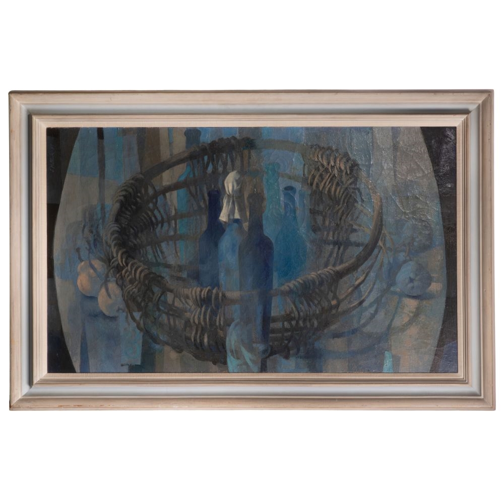 Artwork by Stanley Mitruk, Old Willow Basket and Bottles, Made of Oil on Canvas