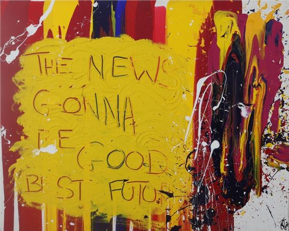 Deborah Sportes Elmalek (born 1976 in Paris, pioneer of street art)
News Gonna Be Good
Mixed media on canvas
Signed and dated 2007 lower right and on back
XXIst century period.
Dimensions: H:162; W:130 cm by Déborah Sportes, dated 2007