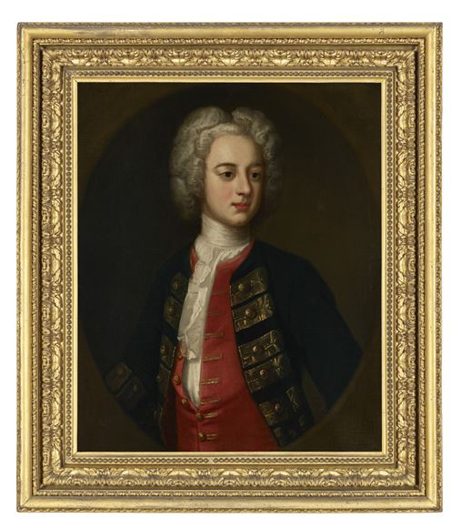 Portrait of a gentleman, half-length, probably The Hon. Montague Blundell, in a white shirt, red waistcoat and blue naval jacket, in a feigned oval