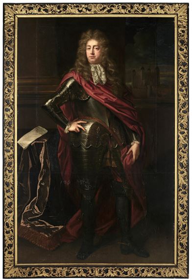 Portrait of Colonel Thomas Cheke of Pyrgo Park, Essex (1628-1688), Lieutenant of the Tower of London, full-length, in armour with a red sash, the Tower beyond by John Closterman, John Riley