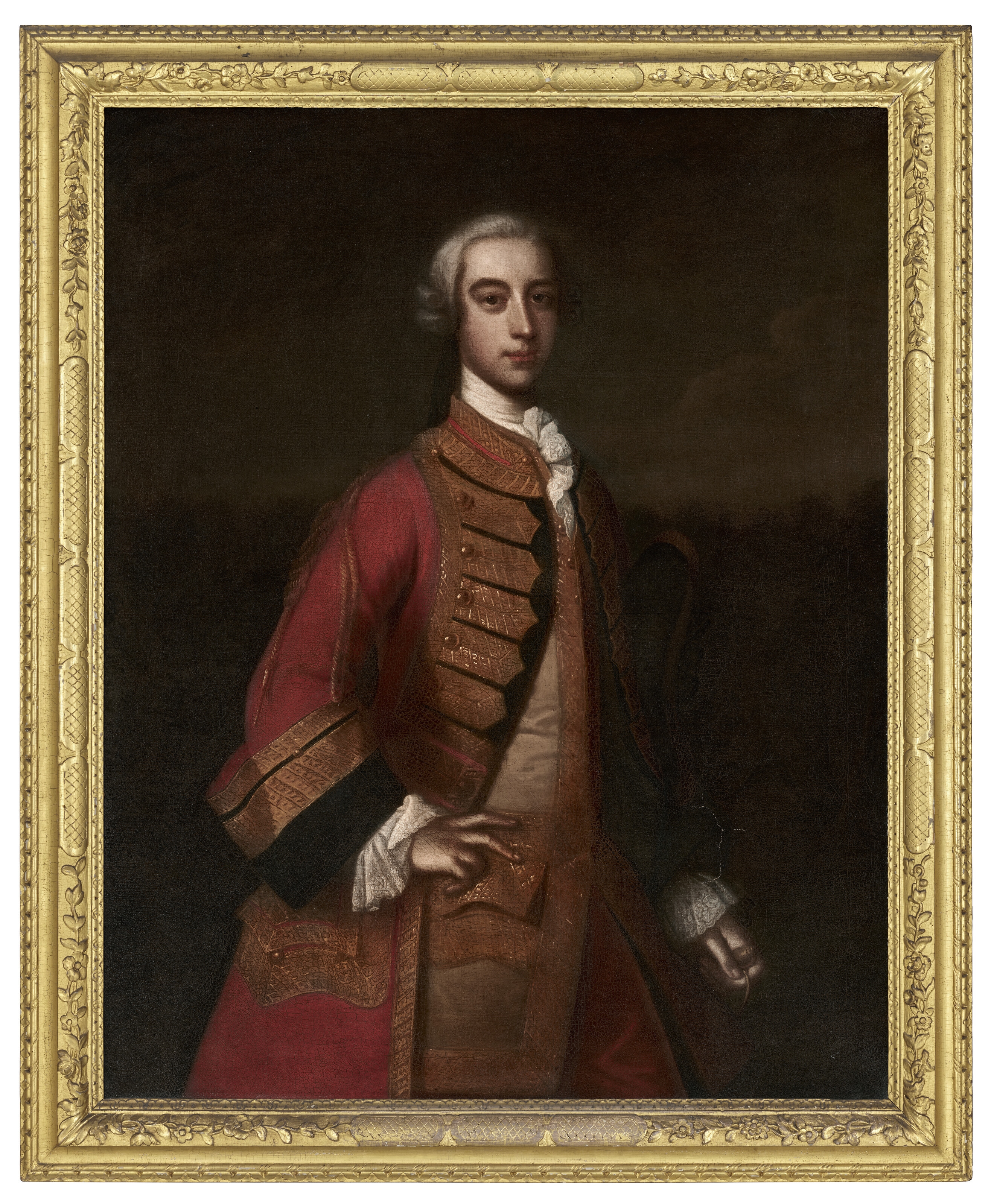 Artwork by Enoch Seeman, Portrait of a gentleman, three-quarter-length, in a red jacket with gilt embroidery, holding a tricorn hat under his arm, Made of oil on canvas