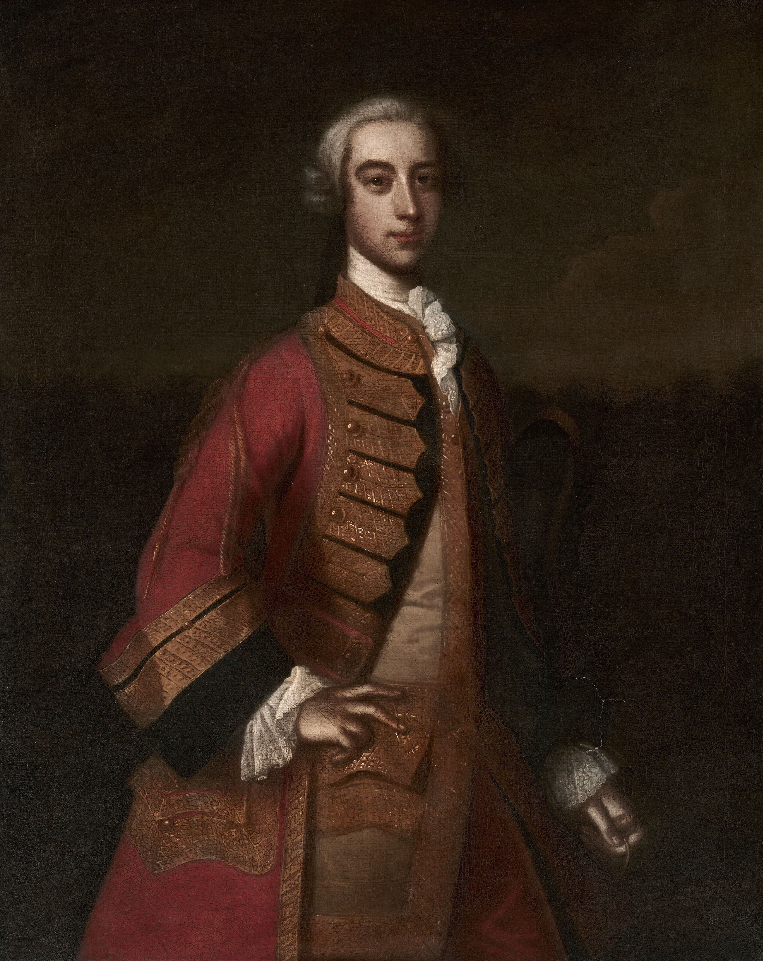 Artwork by Enoch Seeman, Portrait of a gentleman, three-quarter-length, in a red jacket with gilt embroidery, holding a tricorn hat under his arm, Made of oil on canvas