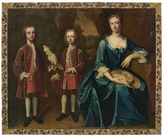 Group portrait of Letitia, Lady Sandys, née Tipping (1699-1779) with her two eldest sons, Edwin, later 2nd Baron Sandys (1726-1797), with a cockatoo in his left hand, and Cheke Sandys (1727-1737), in brown coats and breeches with red waistcoats