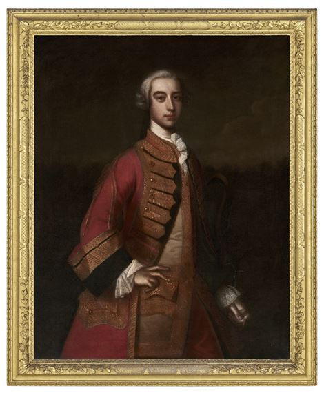 Portrait of a gentleman, three-quarter-length, in a red jacket with gilt embroidery, holding a tricorn hat under his arm by Enoch Seeman