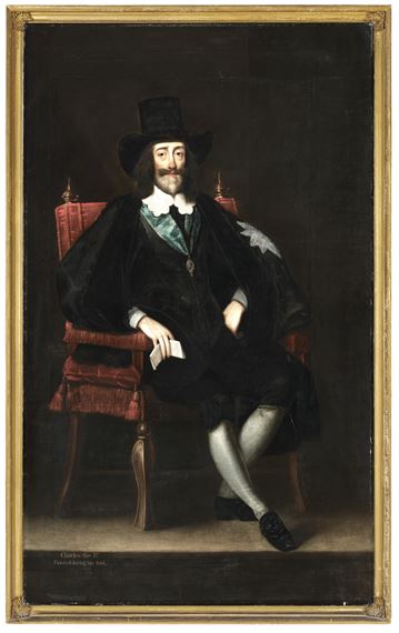 Portrait of King Charles I (1600-1649), half-length, at his trial, seated in a red velvet chair, wearing the garter, sash and star of the Order of the Garter - Edward Bower
