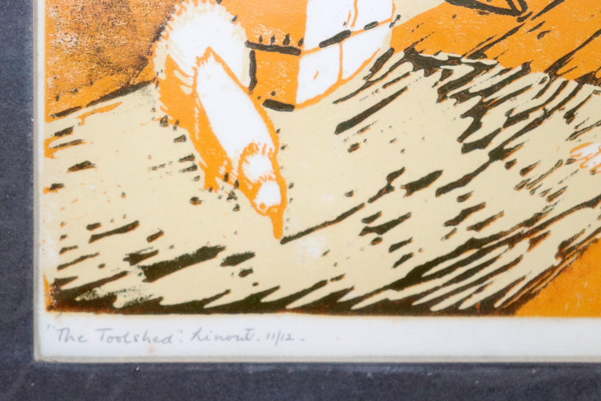 Artwork by Mary-Rose Dold, THE TOOLSHED, Made of linocut in colours