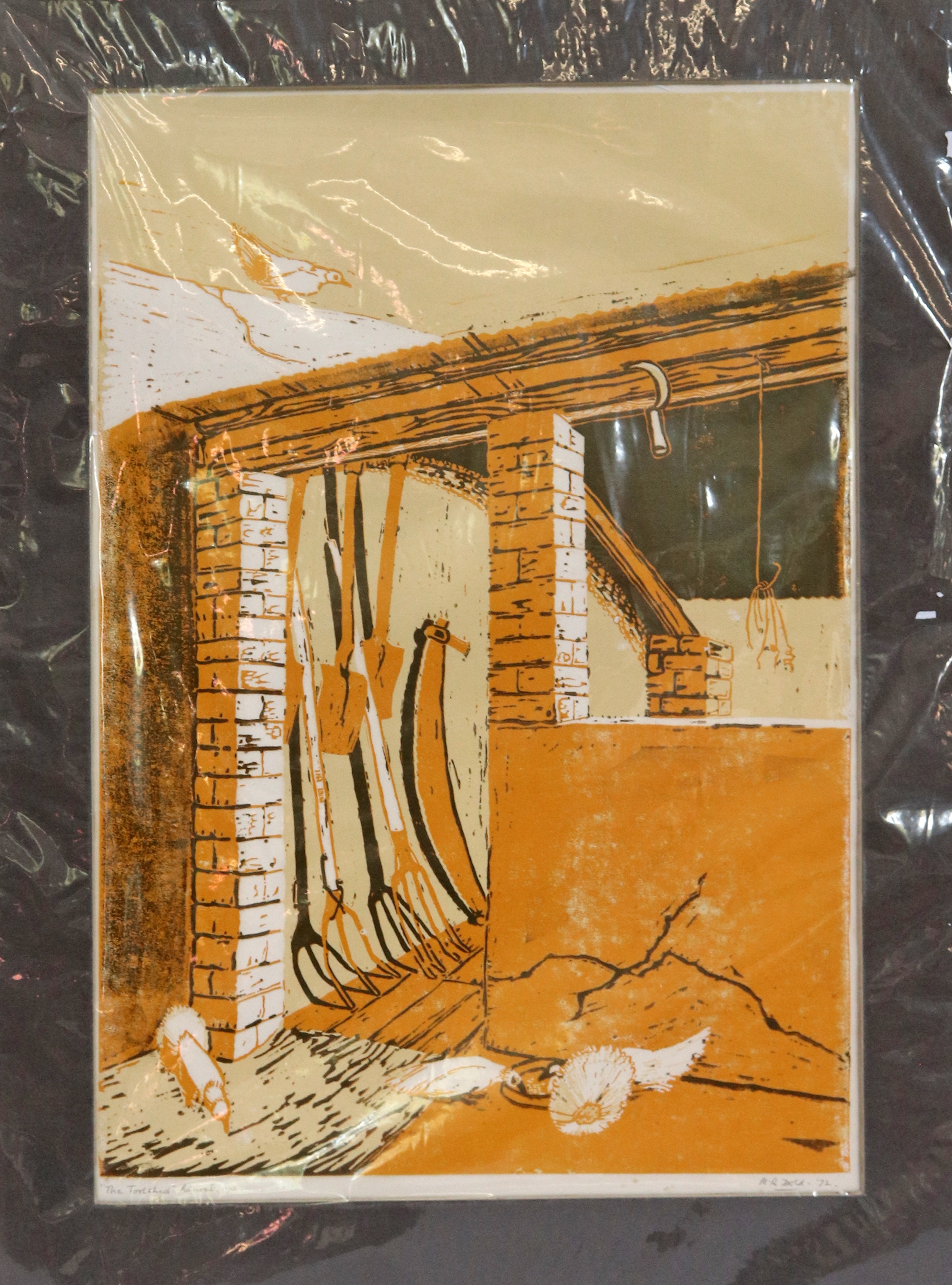 Artwork by Mary-Rose Dold, THE TOOLSHED, Made of linocut in colours