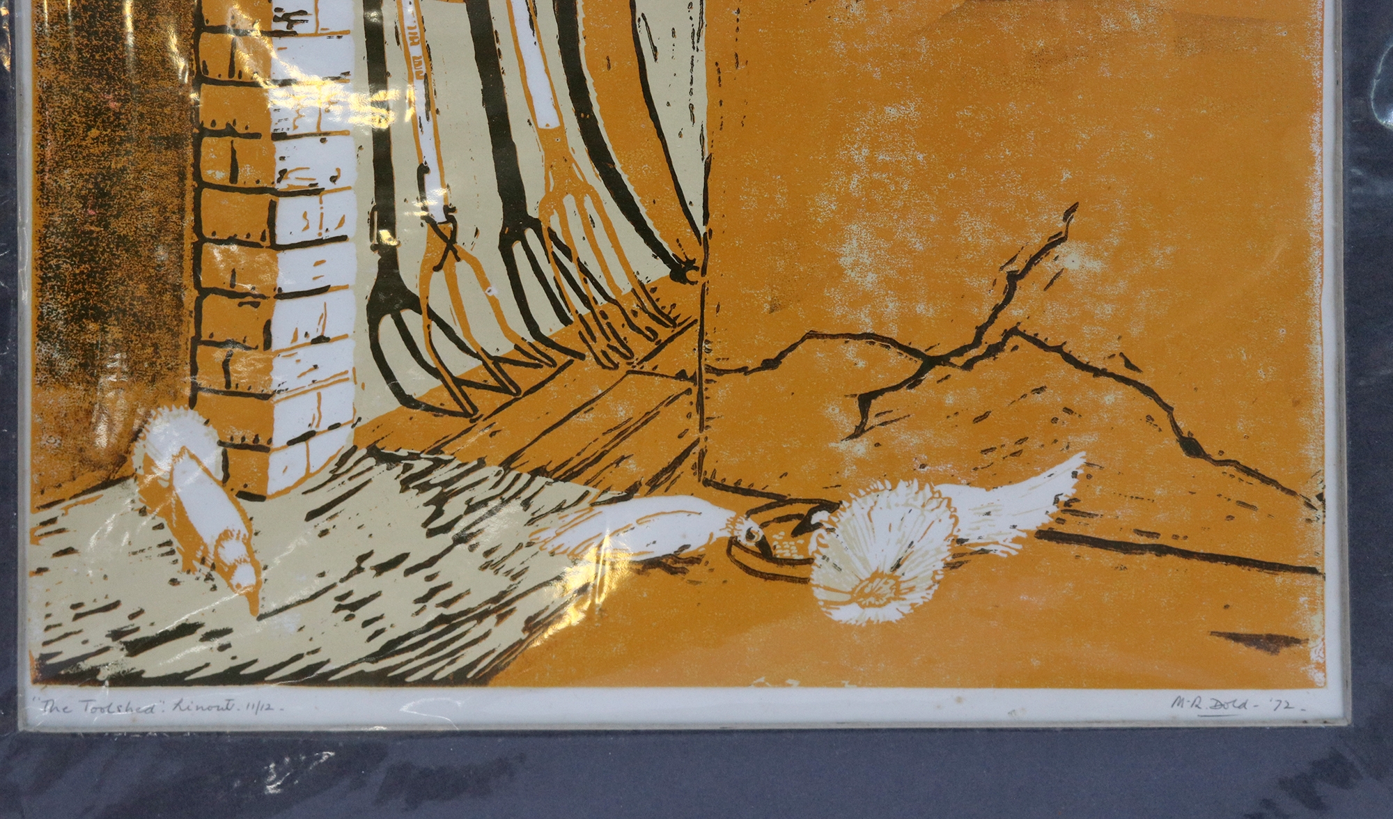 Artwork by Mary-Rose Dold, THE TOOLSHED, Made of linocut in colours