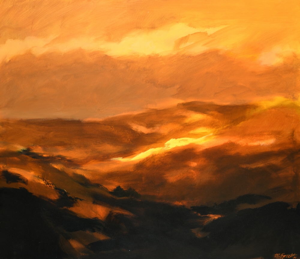 Artwork by Werner Specht, " Landschaft bei Sonnenuntergang ", Made of acrylic on canvas