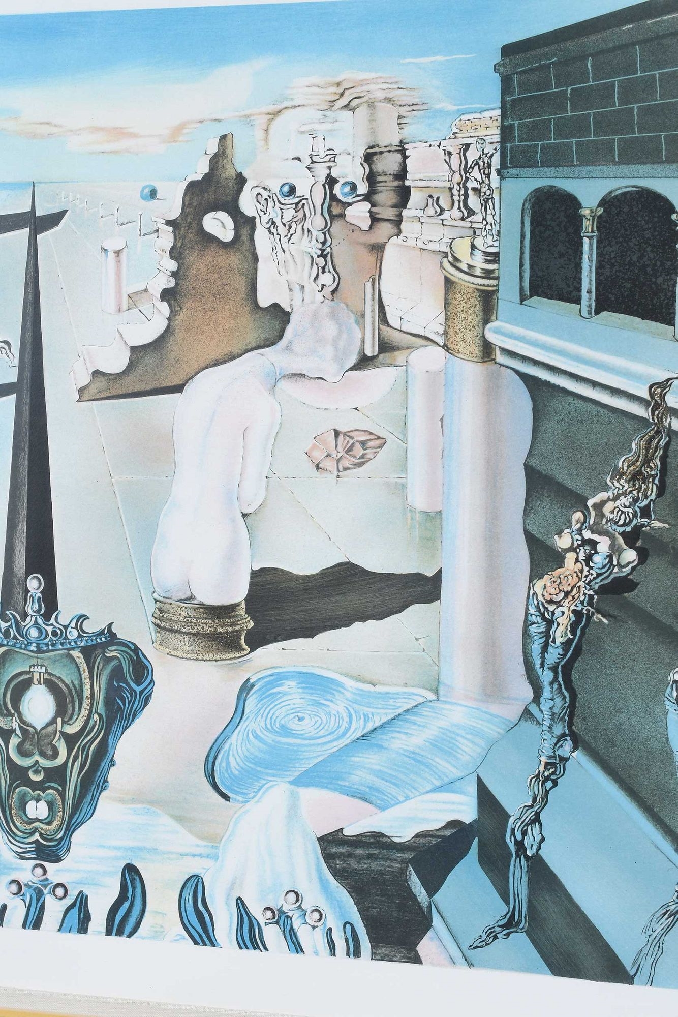 A painting of a woman sitting on a bench in a room.