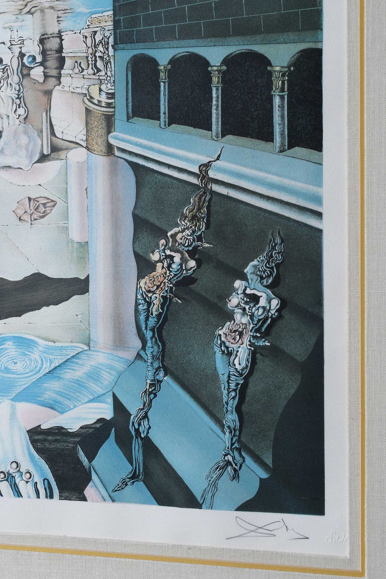 A painting of a woman sitting on a bench in a room.