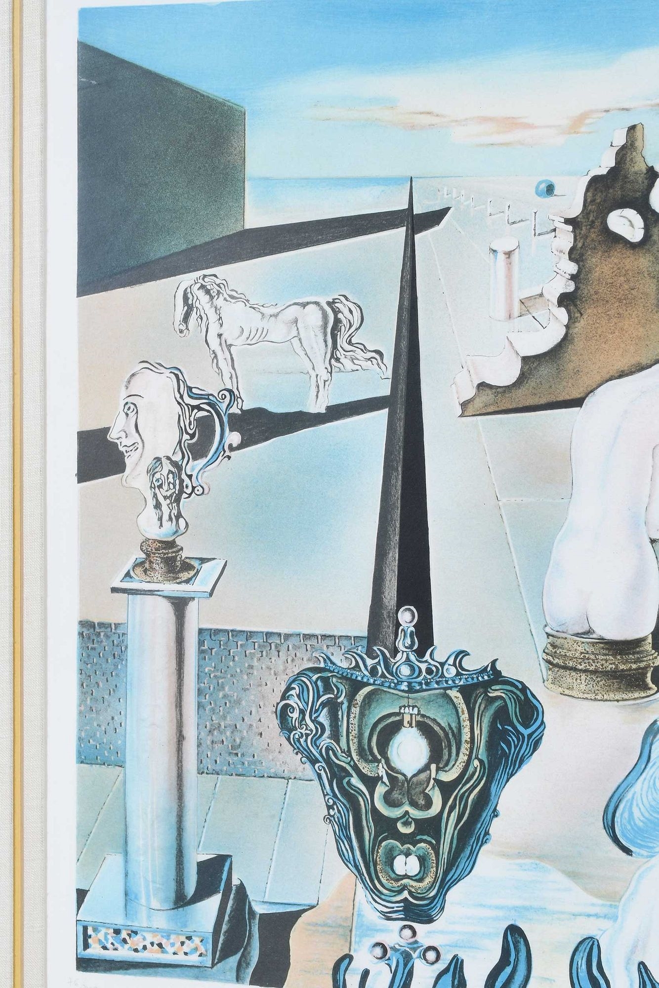 A painting of a woman sitting on a bench in a room.