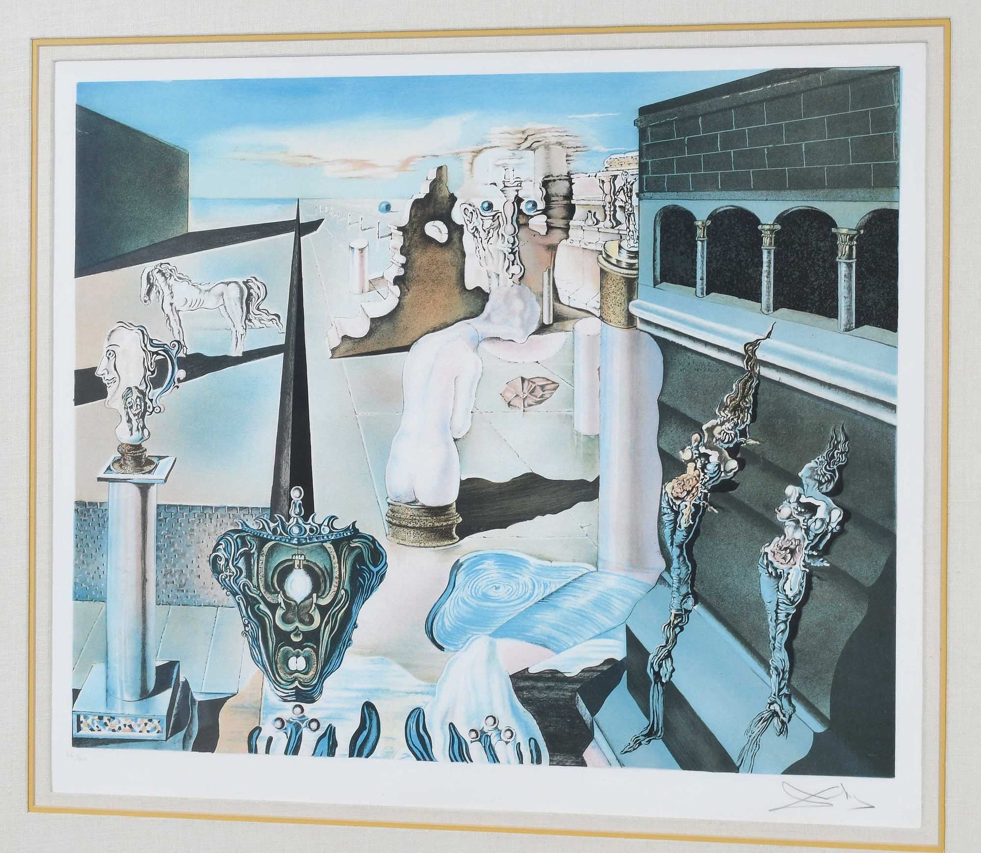 A painting of a woman sitting on a bench in a room.