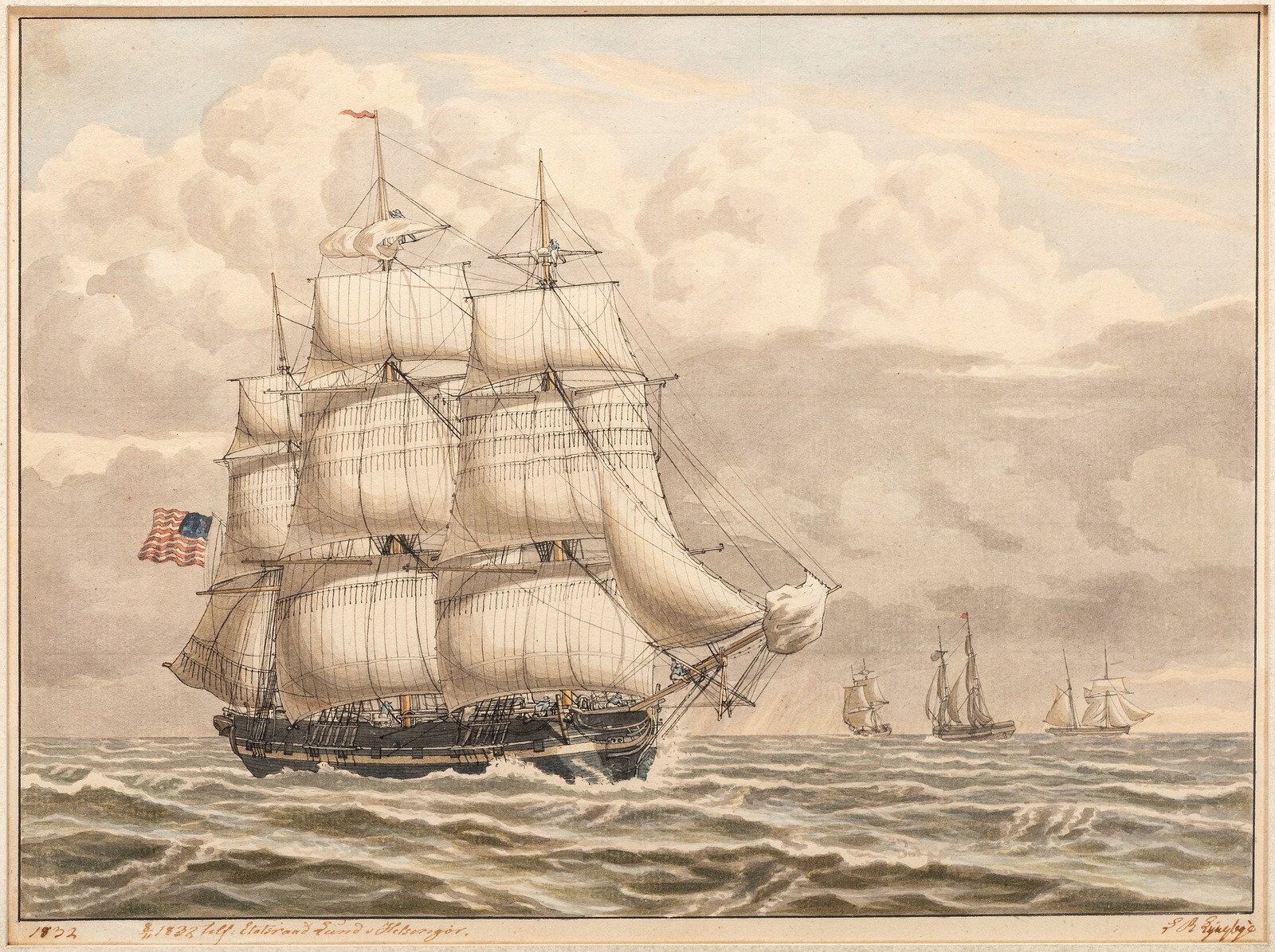 Artwork by Lauritz Rasmus Lyngbye, American Frigate, Made of pen, ink and watercolor on paper