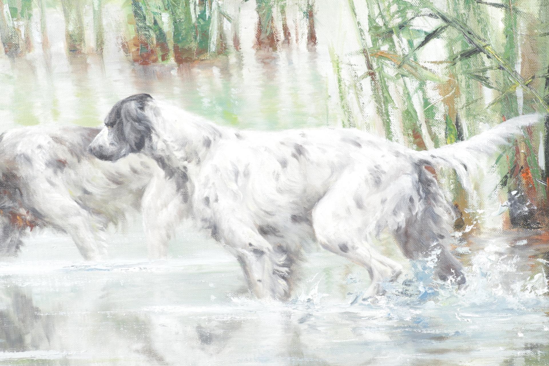 Artwork by Richárd Kiss, Jachthonden in landshap, Made of marouflé