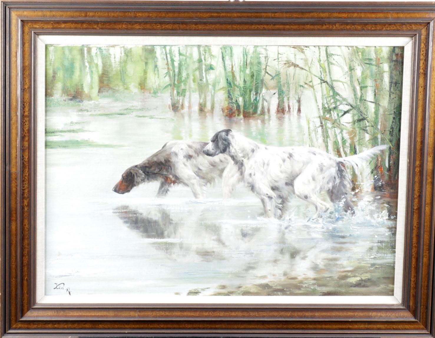 Artwork by Richárd Kiss, Jachthonden in landshap, Made of marouflé