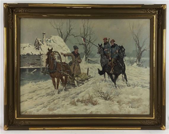 Mounted Polish soldiers talking to a civilian by Edward Mesjasz, 1967