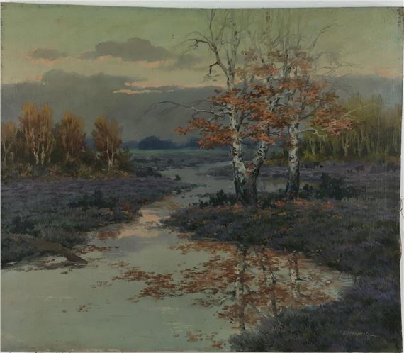 Marshy landscape with birch trees by Edward Mesjasz