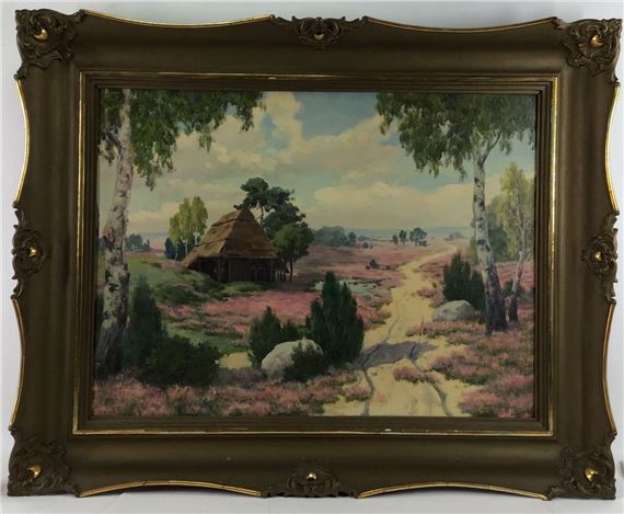 Colorful landscape with a thatch roofed building by Edward Mesjasz