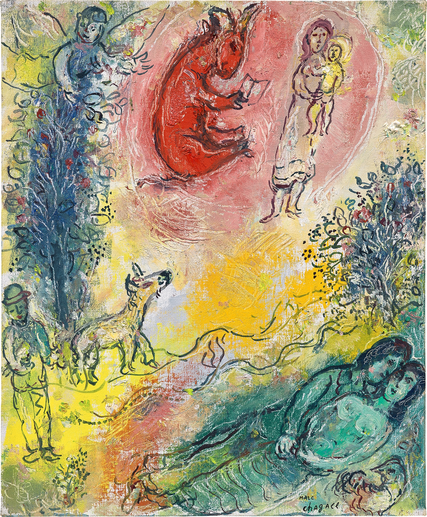 Bouc rouge lisant au-dessus des amoureux au repos by Marc Chagall, Painted in 1971