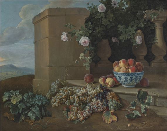 Coupe de pêches et raisins dans un paysage by Alexandre-François Desportes, 1728