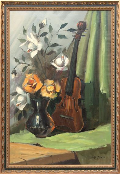 Beppe Grimani (Italian, 1911-1998) Oil on Canvas, "Still Life, Roses And Violin", H 35.5" W 24" by Beppi Grimani