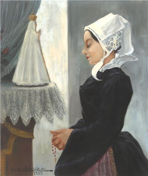 A contemplative figure in a dark dress and white headdress holds rosary beads while gazing at a small statue.