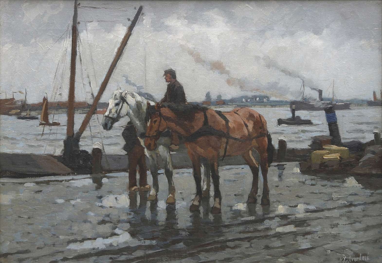 Gijsbertus Johannes van Overbeek | Two horses pulling a cart and ...