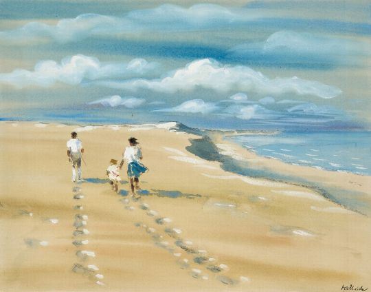 Am Sandstrand entlang laufende Familie - Johannes Wilhelm van der Heide