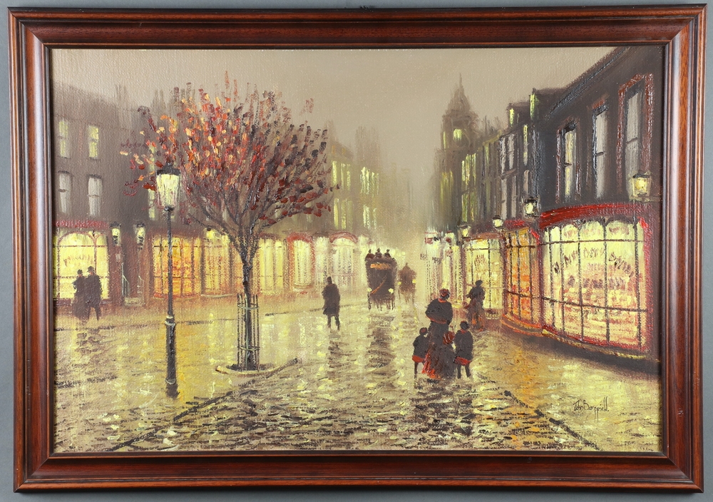 John Bampfield atmospheric moonlit wet townscape with figures and