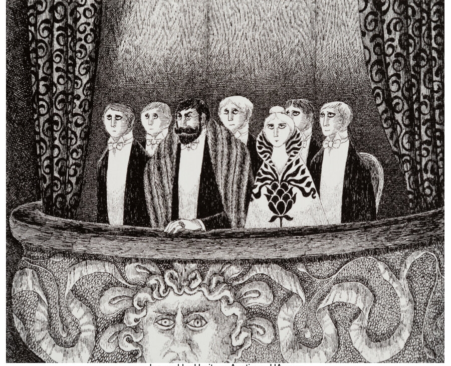 The triple-wedding scene, from The Blue Aspic, 1975 by Edward Gorey, 1975